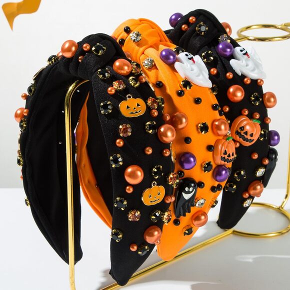 Halloween Headband Women Pumpkin Ghost Gothic Pearl Rhinestone Knotted Hairband - Picture 7 of 7